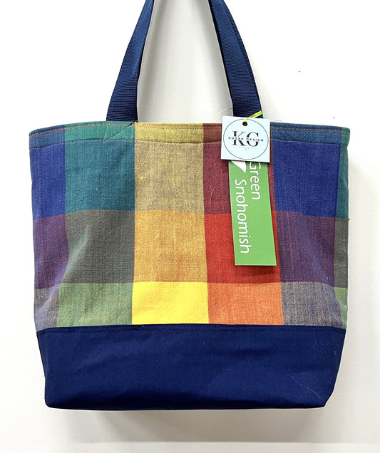 Tote bag - Blue plaid cotton handwoven fabric with an inside pocket