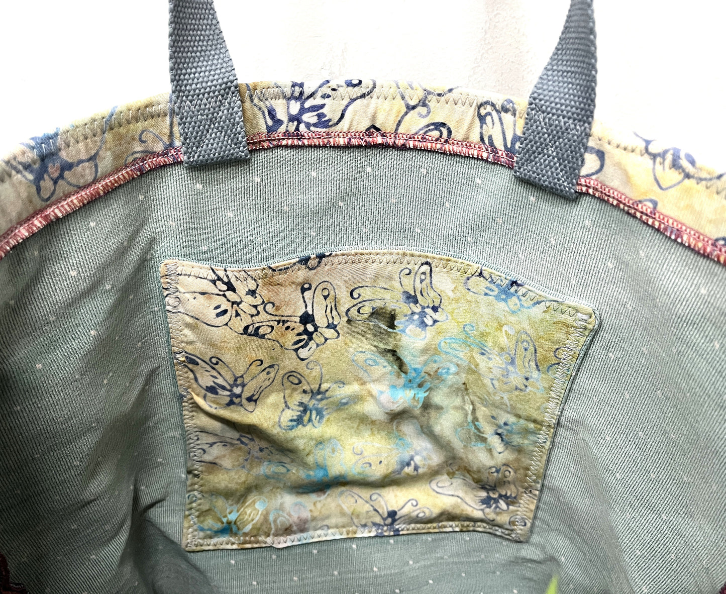 Tote Bag - butterflies on hand dyed batik with a pale blue upholstery fabric base - inside pocket