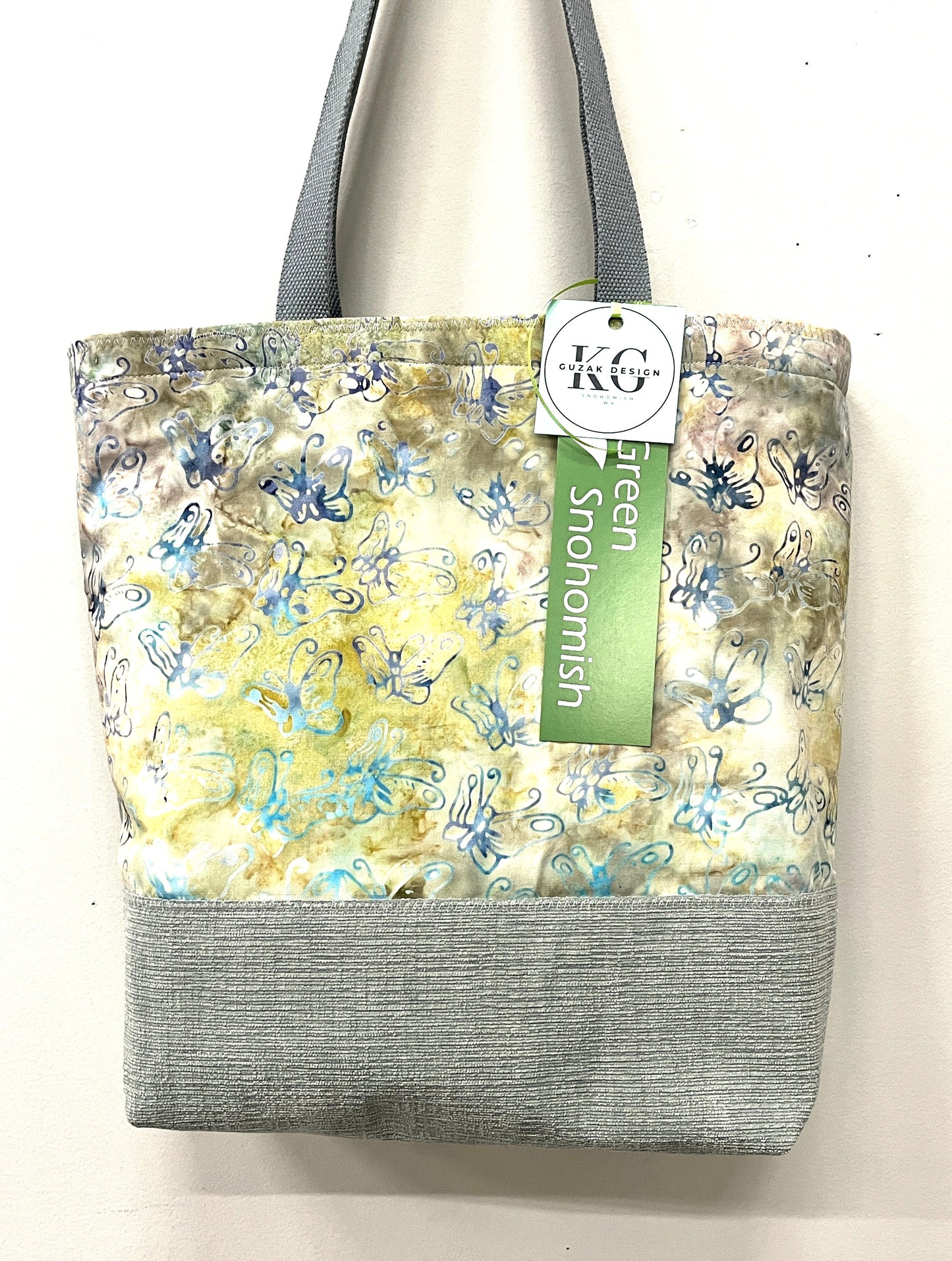 Tote Bag - butterflies on hand dyed batik with a pale blue upholstery fabric base - inside pocket