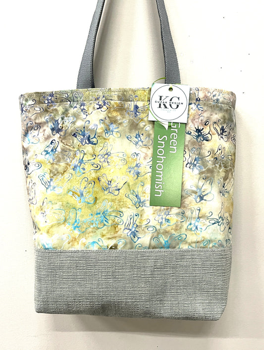 Tote Bag - butterflies on hand dyed batik with a pale blue upholstery fabric base - inside pocket