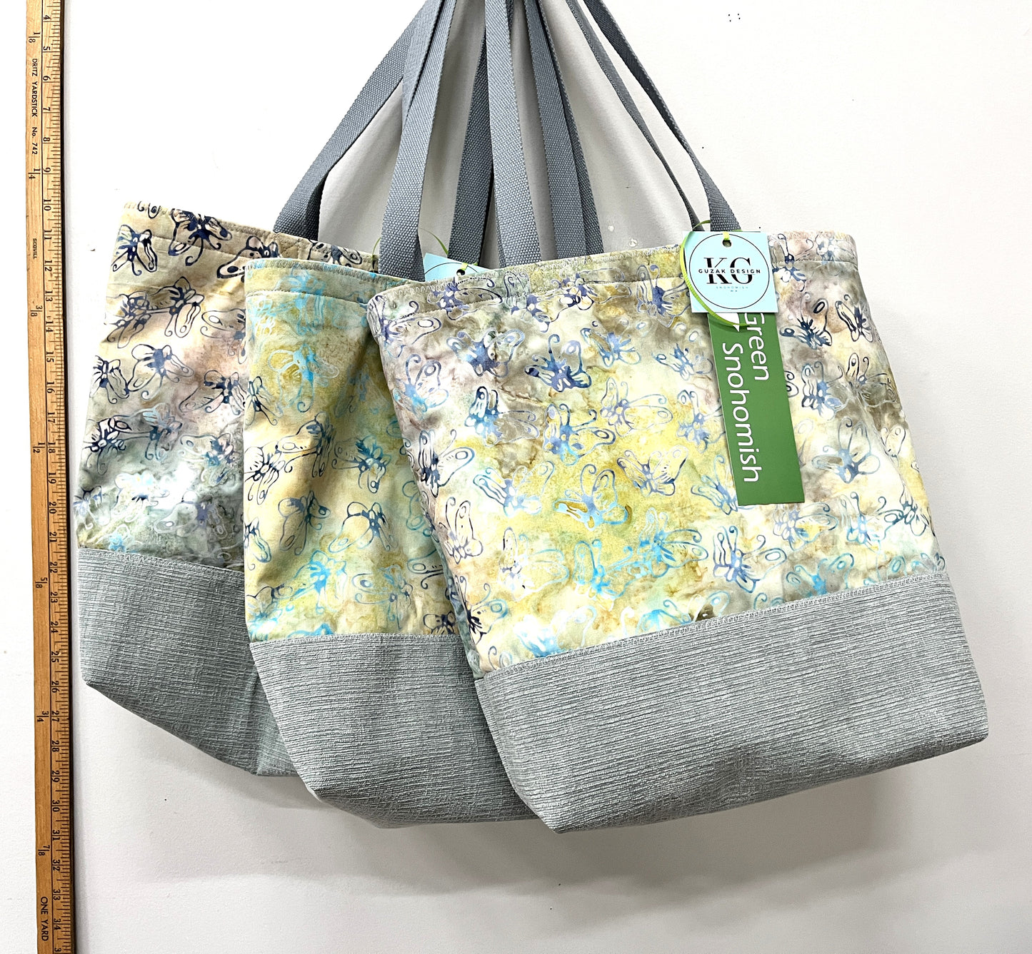 Tote Bag - butterflies on hand dyed batik with a pale blue upholstery fabric base - inside pocket