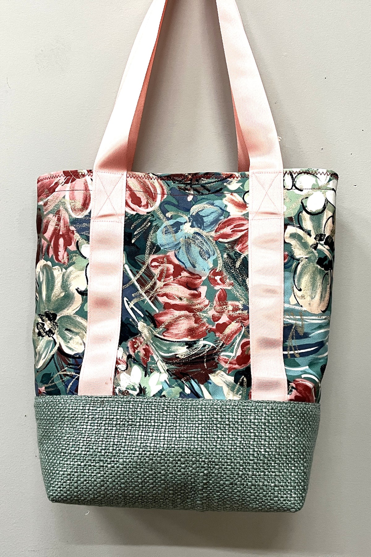 Tote Bag - hot pink flowers with a cool base made from a table runner - inside pocket