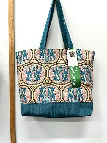 Turquoise Figure Pattern Recycled Cotton Tote – Handcrafted & Sustainable Style