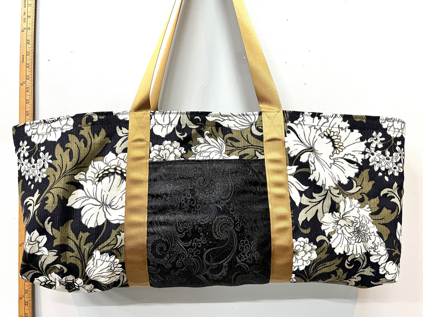 Yoga Mat Bag - Black and Brown Floral with outside pocket