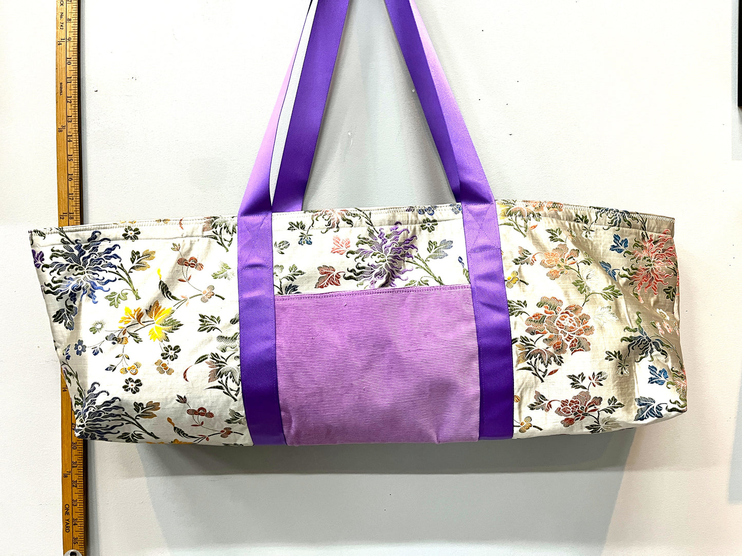 Yoga Mat Bag - Floral antique silk with lavender outer pockets