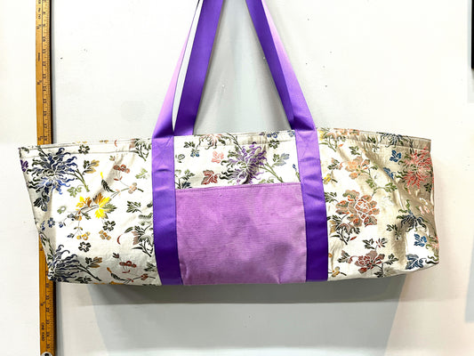 Yoga Mat Bag - Floral antique silk with lavender outer pockets